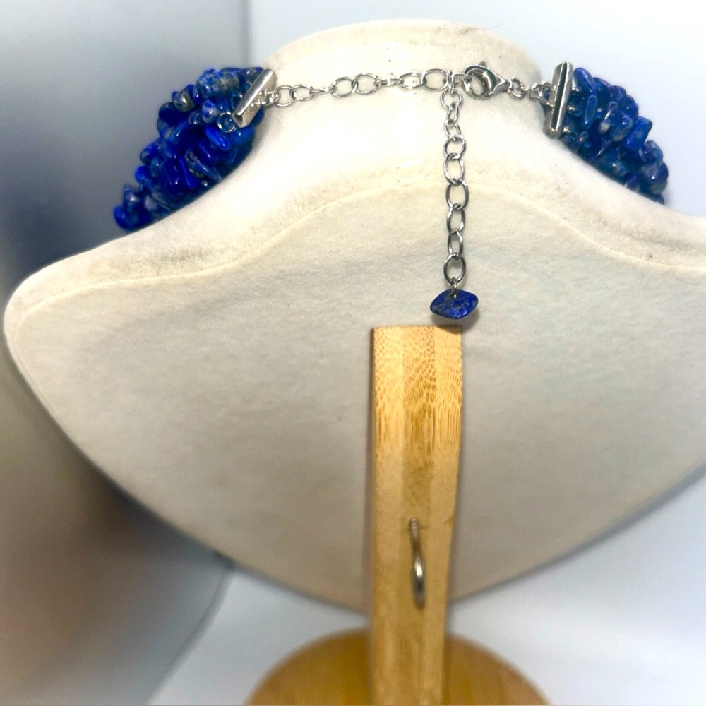 Vintage 7 Strand Lapis Chip Necklace 925 Findings Estate Boho Statement 16-20 “ - Picture 2 of 6